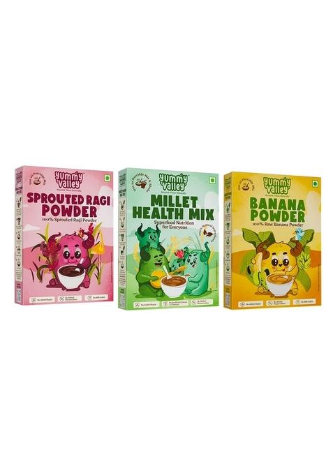 Yummy Valley Millet Health Mix, Sprouted Ragi Powder, Raw Banana Powder |No Added Sugar, No Preservatives, No Maida| Combo Pack | Instant Healthy Wholesome Food