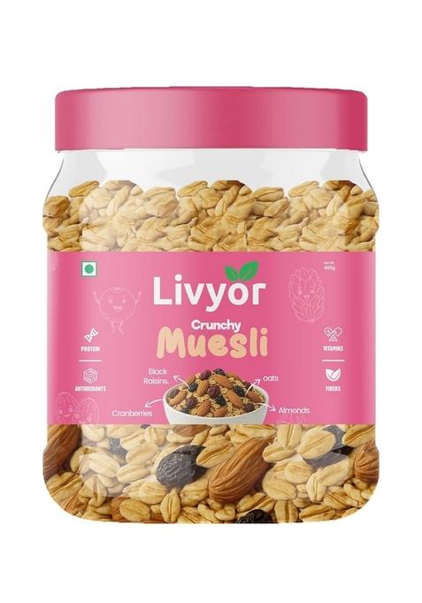 Livyor Premium Muesli For Eating - 400 Gm | High Protein | Mix Nuts And Seeds | Mix Dry Fruits | High Fibre | Multigrain Breakfast | Almonds | Black Raisins | Pack Of 1
