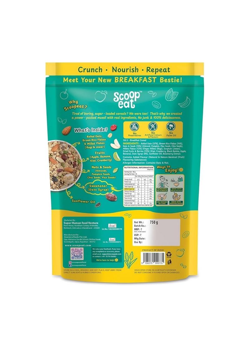 Scoopeat Fruit & Nut Muesli | High Fiber Breakfast Cereal With Rolled Oats, Millets (Ragi & Jowar), Brown Rice Flakes, Almonds, Seeds, Kiwi, Cranberry, Apple, Banana & Raisins | No Refined Sugar Or Preservatives (750G)