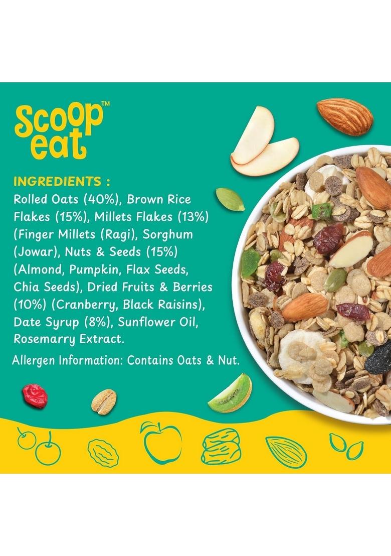 Scoopeat Fruit & Nut Muesli | High Fiber Breakfast Cereal With Rolled Oats, Millets (Ragi & Jowar), Brown Rice Flakes, Almonds, Seeds, Kiwi, Cranberry, Apple, Banana & Raisins | No Refined Sugar Or Preservatives (750G)
