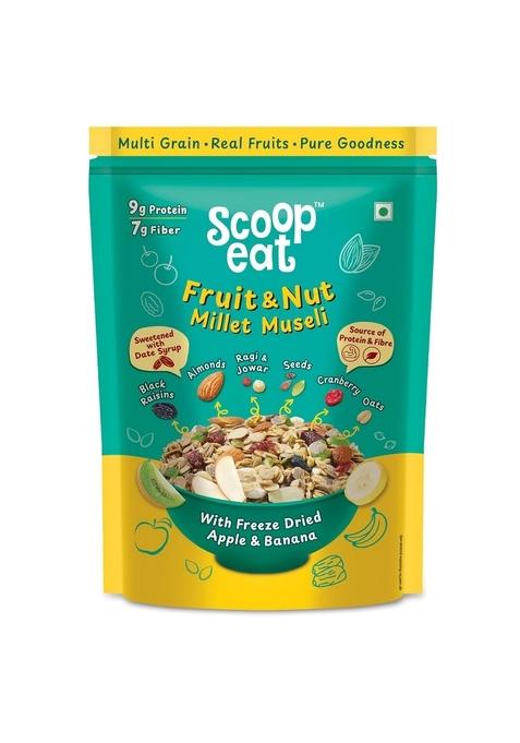 Scoopeat Fruit & Nut Muesli | High Fiber Breakfast Cereal With Rolled Oats, Millets (Ragi & Jowar), Brown Rice Flakes, Almonds, Seeds, Kiwi, Cranberry, Apple, Banana & Raisins | No Refined Sugar Or Preservatives (750G)