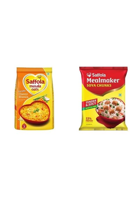 Saffola Masala Oats, Tasty Evening Snack, Classic Masala, 500G & Saffola Mealmaker Soya Chunks With Supersoft Technology, Tender & Juicy, 1 Kg (Pouch)