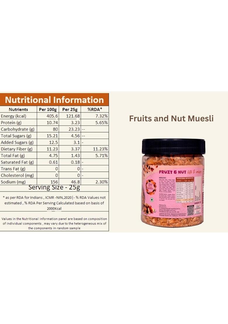 Nutrijunction Muesli Fruit, Nut & Seeds | High Fibre, No Cholesterol, No Trans Fat | Crunchy Muesli With Almonds, Raisins, Oats & Seeds | Wholesome & Natural Mix-(2 Jar* 200G)