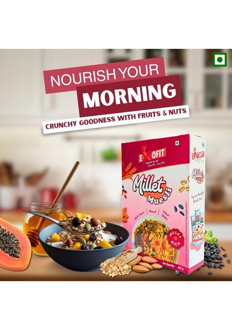 Exofit Millet Muesli With Black Raisins, Almonds And Wheat Flakes I 8.31% Protein, High Fiber I 450G