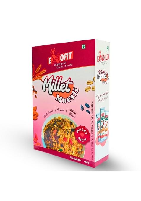 Exofit Millet Muesli With Black Raisins, Almonds And Wheat Flakes I 8.31% Protein, High Fiber I 450G