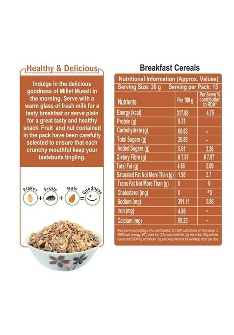 Exofit Millet Muesli With Black Raisins, Almonds And Wheat Flakes I 8.31% Protein, High Fiber I 450G