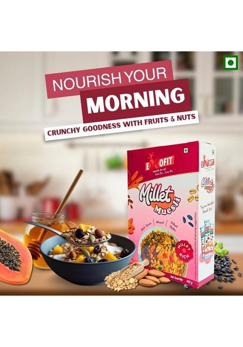 Exofit Millet Muesli With Black Raisins, Almonds And Wheat Flakes I 8.31% Protein, High Fiber I 450G