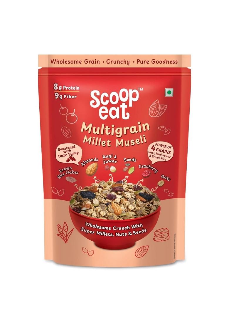 Scoopeat Multigrain Muesli | High Fiber Breakfast Cereal With Rolled Oats, Millets (Ragi & Jowar), Brown Rice Flakes, Almonds, Seeds, Cranberry & Raisins | No Refined Sugar, Preservatives Or Artificial Additives (750G)