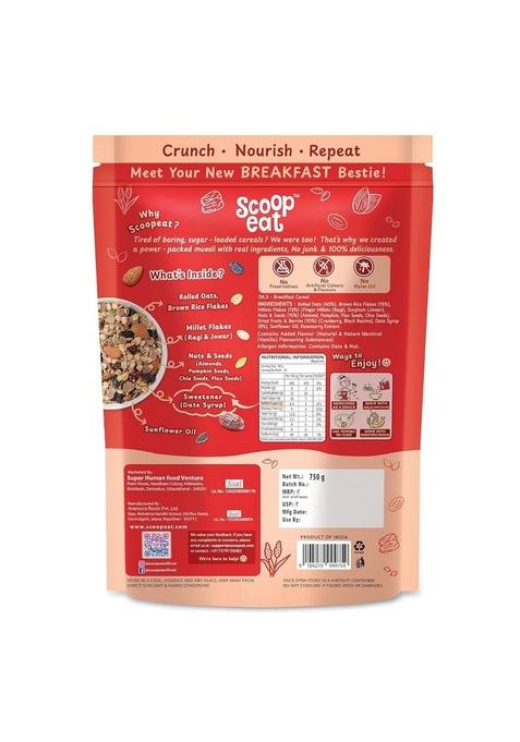 Scoopeat Multigrain Muesli | High Fiber Breakfast Cereal With Rolled Oats, Millets (Ragi & Jowar), Brown Rice Flakes, Almonds, Seeds, Cranberry & Raisins | No Refined Sugar, Preservatives Or Artificial Additives (750G)