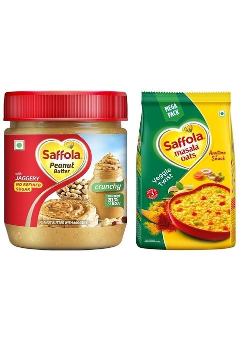 Saffola Masala Oats | Tasty Evening Snack| Healthy Snack| Veggie Twist| 500G & Saffola Peanut Butter Crunchy, 350 Gm | High Protein Peanut Butter | Only Jaggery, No Refined Sugar