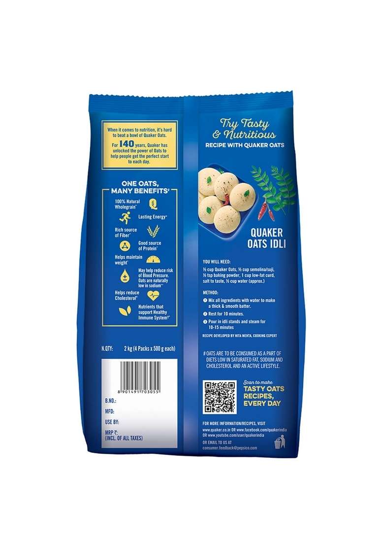 Quaker Oats 2Kg|Rolled Oats Wholegrain & Oats 1Kg, Rolled Oats Natural Wholegrain, Nutritious Breakfast Cereals, Dalia Porridge, Easy To Cook - Honey - Indya