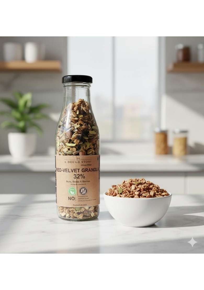 A Dough Story Red-Velvet Granola With Beetroot Powder & Mixed Nuts | Healthy Granola Snack With Jaggery, Pistachio & Raisins | 100G Pack | No Added Sugar - 100G - Indya