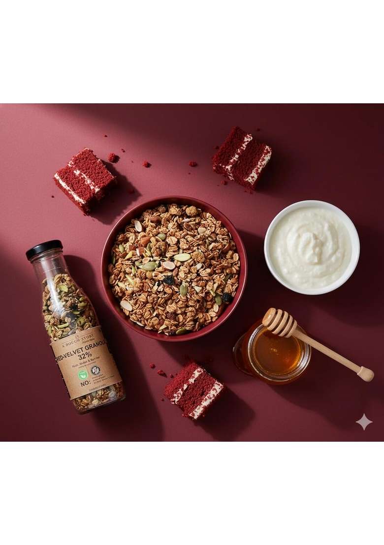 A Dough Story Red-Velvet Granola With Beetroot Powder & Mixed Nuts | Healthy Granola Snack With Jaggery, Pistachio & Raisins | 100G Pack | No Added Sugar - 100G - Indya