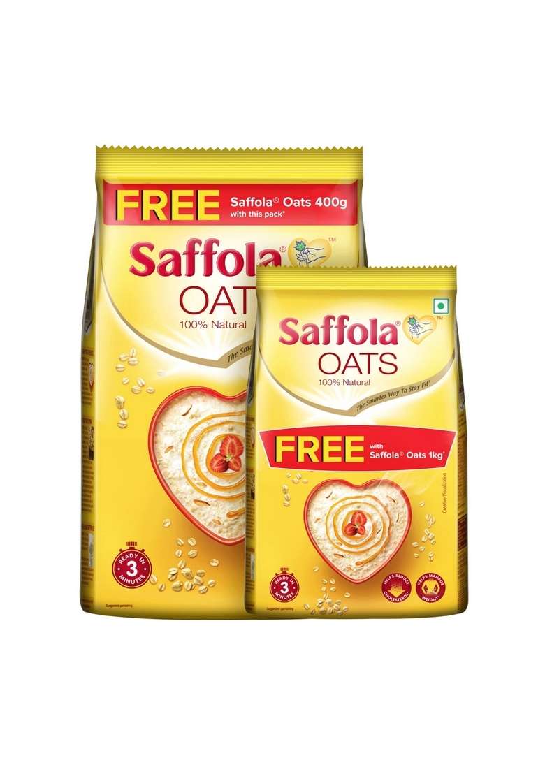 Saffola Oats Rolled Delicious Creamy 100 Natural High Protein Fibre Healthy Cereal 1Kg With 400G Free Masala Tasty Evening Snack Classic 500G - Indya