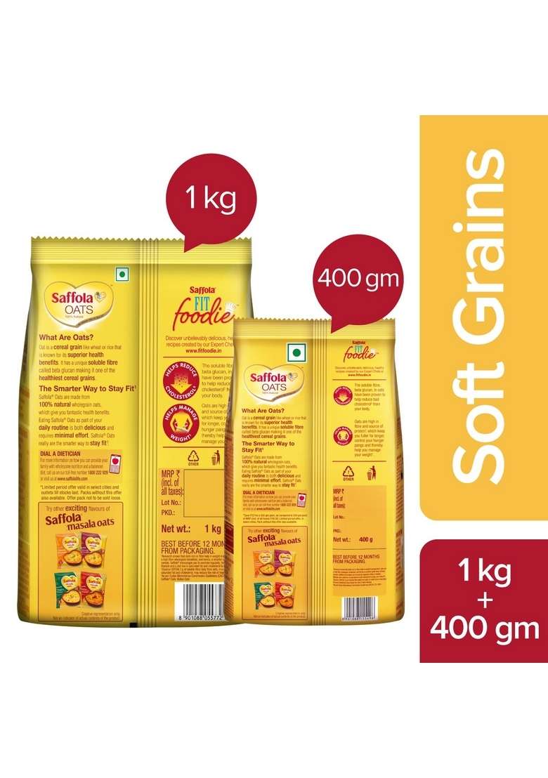 Saffola Oats Rolled Delicious Creamy 100 Natural High Protein Fibre Healthy Cereal 1Kg With 400G Free Masala Tasty Evening Snack Classic 500G - Indya
