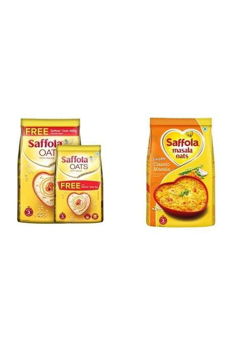 Saffola Oats, Rolled Oats, Delicious Creamy Oats, 100% Natural, High Protein & Fibre, Healthy Cereal, 1Kg With 400G Free & Saffola Masala Oats, Tasty Evening Snack, Classic Masala, 500G