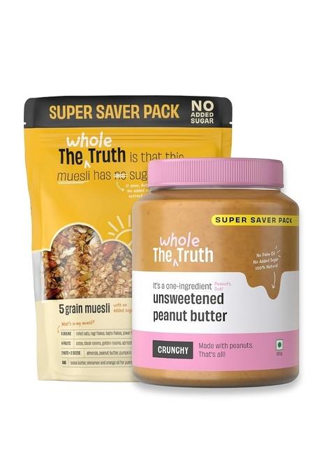 The Whole Truth - Supersaver Breakfast Combo | Unsweetened Peanut Butter Crunchy (925G) + No Added Sugar Muesli (750G) | No Added Sugar | No Preservatives | No Added Flavours