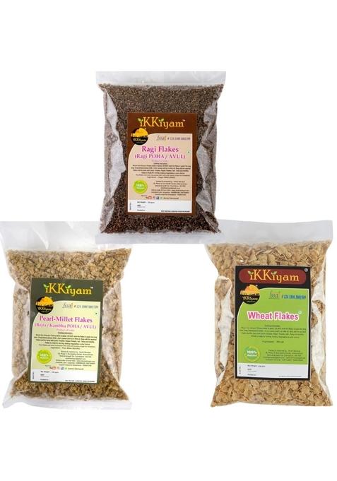 Ikkiyam Combo Of Ragi (Aval Puttu) / Bajra (Miracle Millet) & Wheat Flakes | Avul, Rich In Dietary Fiber | Premium & Organic Poha | Gluten Free South Indian Breakfast | Pack Of 3 | 250G Each