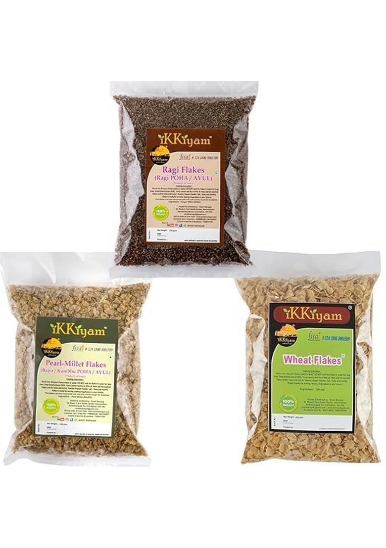 Ikkiyam Combo Of Ragi Aval Puttu, Bajra (Miracle Millet) And Wheat Flakes Avul, 3 Pack 250G Each, Gluten Free, Premium Organic, High Fibre South Indian Breakfast