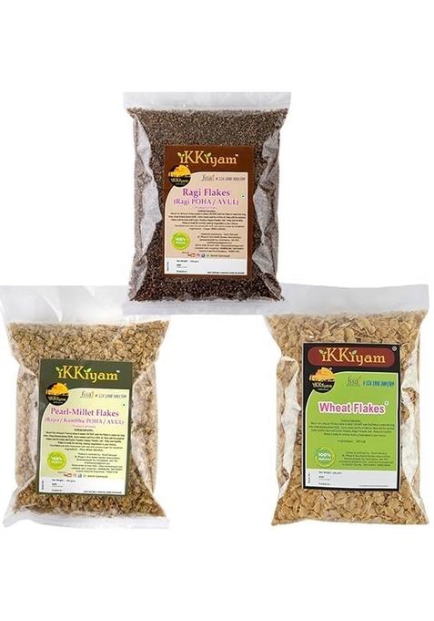 Ikkiyam Combo Of Ragi Aval Puttu, Bajra (Miracle Millet) And Wheat Flakes Avul, 3 Pack 250G Each, Gluten Free, Premium Organic, High Fibre South Indian Breakfast
