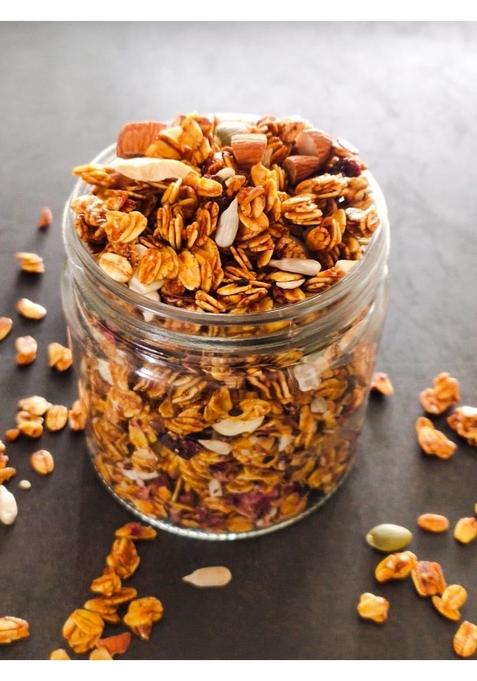 A Dough Story Turmeric Granola With Jaggery, Nuts & Seeds | Healthy Granola Snack With Almonds, Cashews & Cranberries | 100G Pack | No Added Sugar - 100G