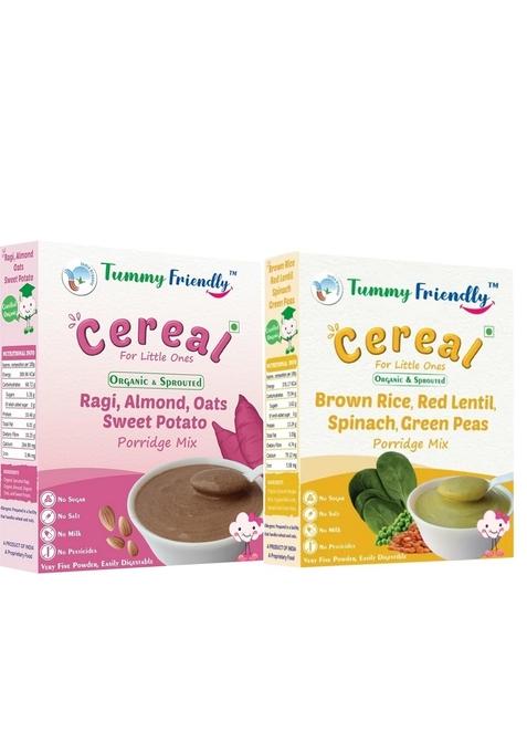 Tummyfriendly Foods Certified Organic Sprouted Ragi, Almonds, Oats, Sweet Potato And Brown Rice Red Lentil Spinach Green Peas Porridge Mixes |Sprouted Ragi For Calcium, Iron | 200G, 2 Packs