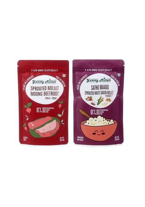 Yummy Millets Sprouted Multi-Grain Sathu Maavu & Moong Beetroot Chilla Mix ,Complete Gluten-Free, No Salt, Sugar, Or Preservatives ,High-Protein, Fiber-Rich, Instant Breakfast & Snack ,Baby & Kid-Friendly (200G X 2)