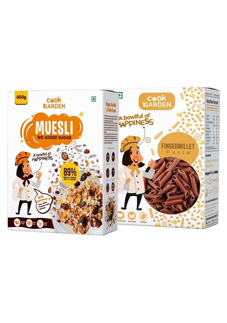 Cookgarden No Added Sugar Muesli 400G & Finger Millet/Ragi Pasta 300G | Healthy Protein Food & Breakfast Cereal - Indya