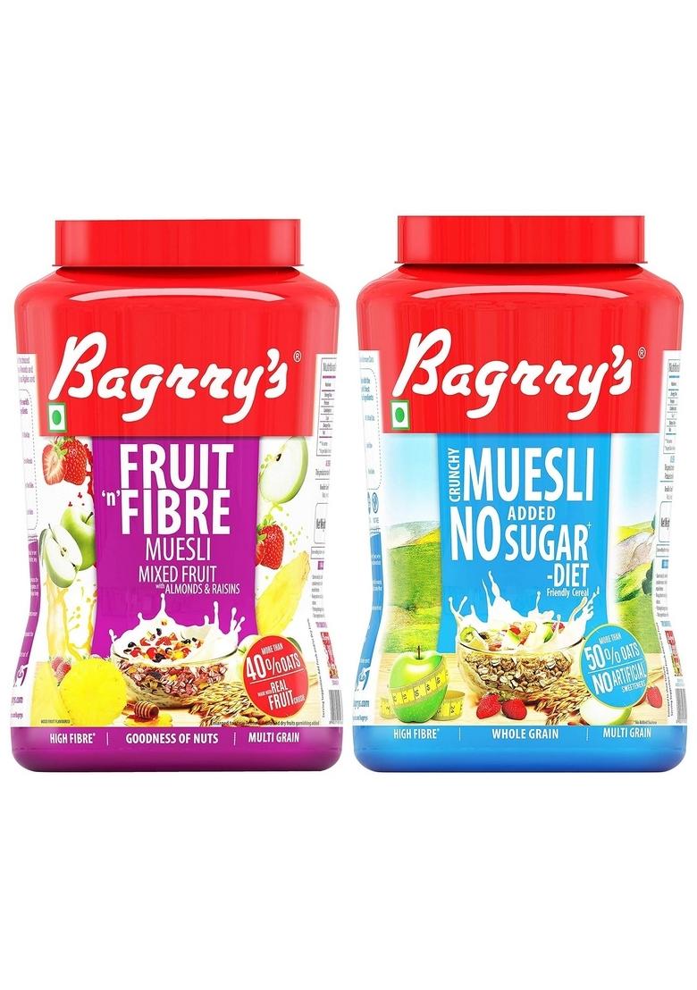 Bagrry'S Fruit N Fibre Muesli, Mixed Fruit, 1000G And Bagrry'S No Added Sugar Crunchy Muesli Jar, 1000G