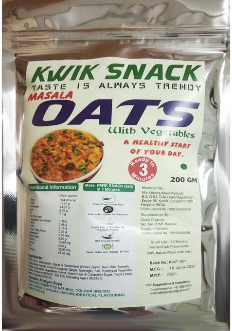 Kwik Snack Masala Oats 200 Gm Pouch - 039