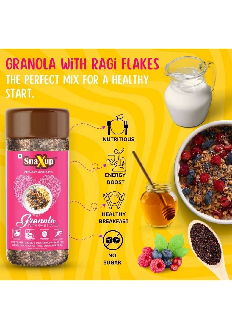 Snaxup Granola With Ragi Flakes - Crunchy Granola With Ragi Flakes (Almonds & Foxnuts) | Granola For Breakfast | Diet Food | High Fibre Cereal (350G) - Indya