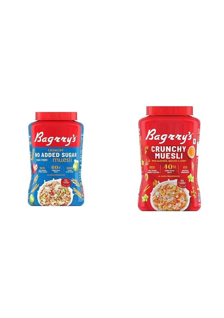 Bagrry'S No Added Sugar Crunchy Muesli Jar, 1000G And Bagrry'S Crunchy Muesli Crunchy Oat Clusters With Almonds,Raisins & Honey, 1000G