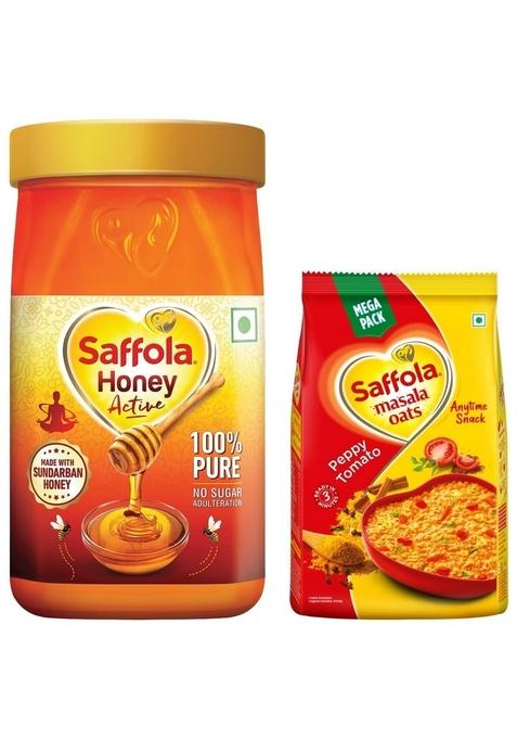 Saffola Honey Active, Made With Sundarban Forest Honey, 100% Pure Honey, No Sugar Adulteration, Natural Immunity Booster, 1Kg & Masala Oats, Peppy Tomato, 500G