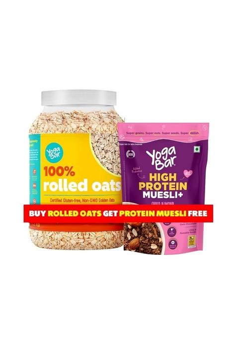 Yogabar Breakfast Protein Combo (Buy Rolled Oats 1Kg, Get Protein Muesli 350G Free) -100% Rolled Oats 1 Kg And High Protein Muesli - Choco Almond & Cranberry 350G