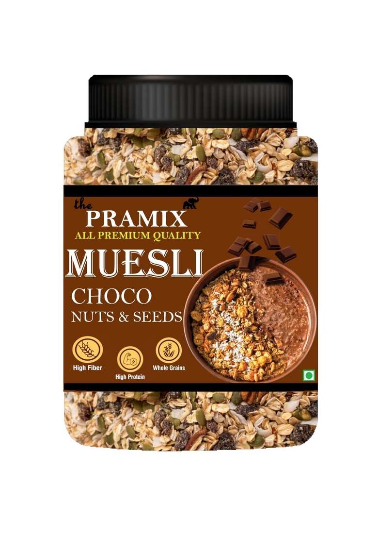 Pramix Chocolate Muesli, Fruit, Nut & Seeds | 14 In 1 - Oats, Rice, Ragi, Jowar, Soy, Cranberry, Cocoa, Flax, Chia, Pumpkin Seeds, Almond, Black Currant, Jaggery, Choclate | Source Of Protein & Fibre, Multigrain Breakfast Cereal - 400G - Indya