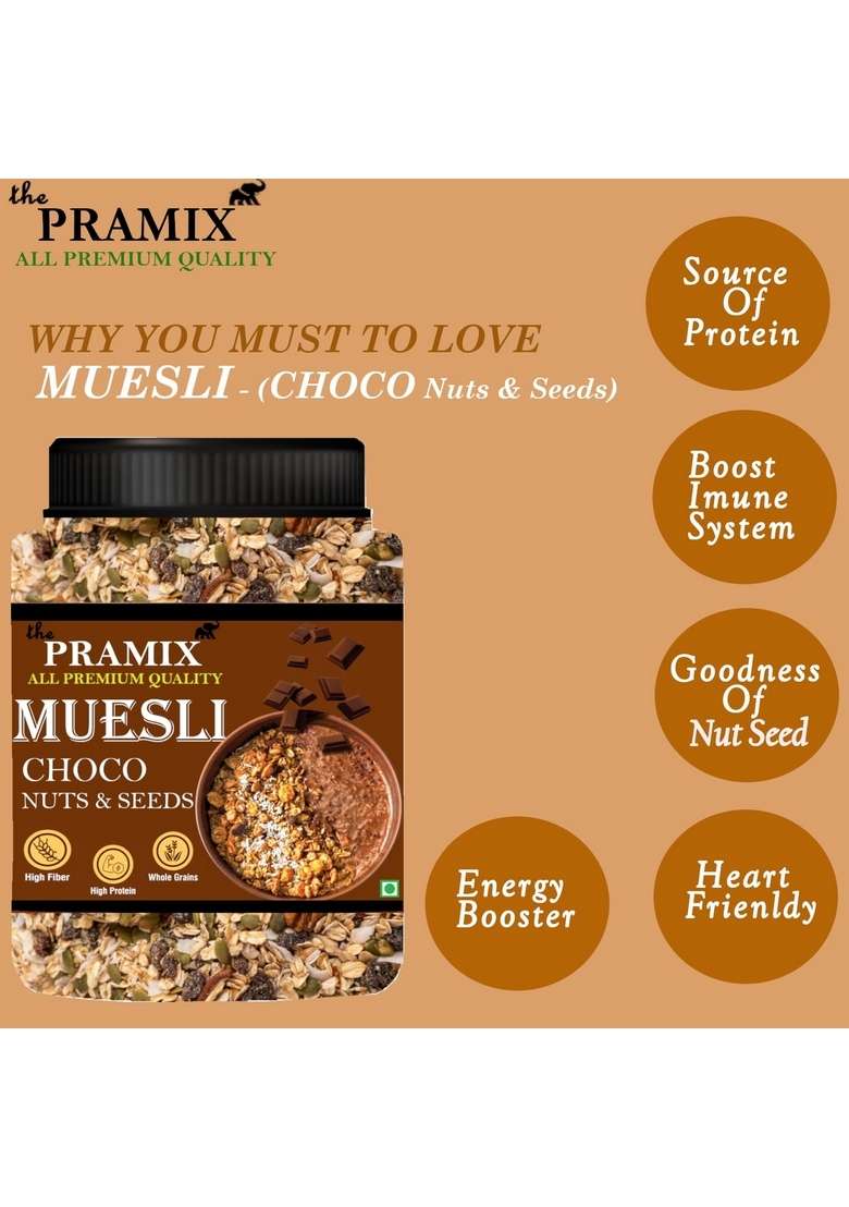 Pramix Chocolate Muesli, Fruit, Nut & Seeds | 14 In 1 - Oats, Rice, Ragi, Jowar, Soy, Cranberry, Cocoa, Flax, Chia, Pumpkin Seeds, Almond, Black Currant, Jaggery, Choclate | Source Of Protein & Fibre, Multigrain Breakfast Cereal - 400G - Indya