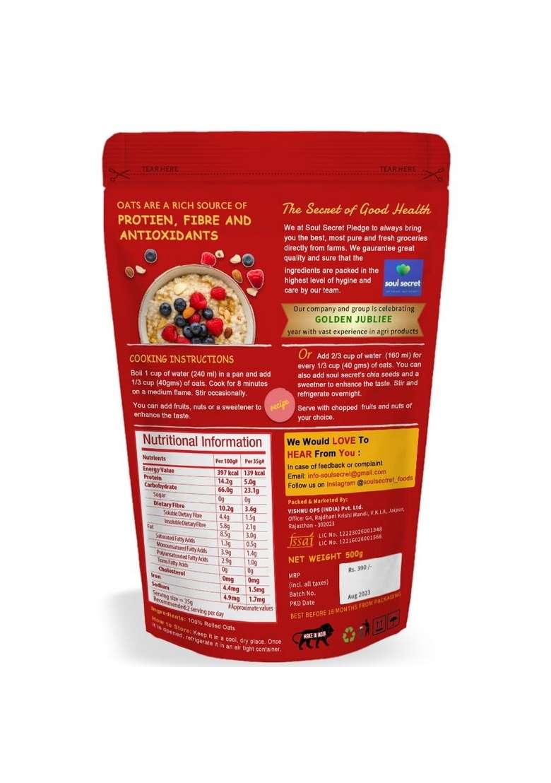 Soul Secret Rolled Oats 500G - 100% Wholegrain | Protein For Breakfast | High Fibre Cereals - Indya