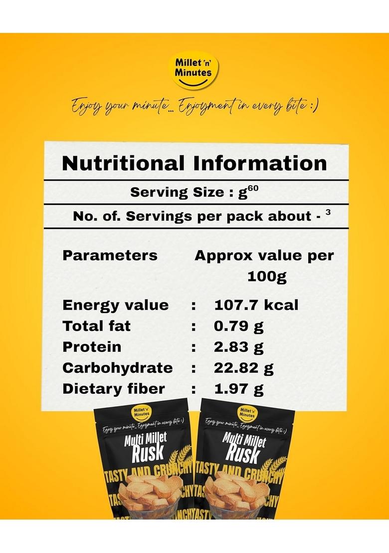 Millet 'N' Minutes Multi Millet Rusk, High Fibre Crunchy Snack, Rich In Antioxidants And Nutrition (Pack Of 2)