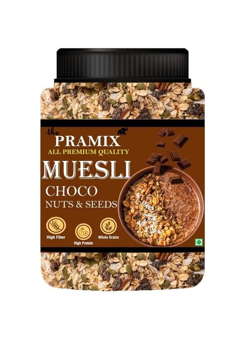 Pramix Chocolate Muesli, Fruit, Nut & Seeds | 14 In 1 - Oats, Rice, Ragi, Jowar, Soy, Cranberry, Cocoa, Flax, Chia, Pumpkin Seeds, Almond, Black Currant, Jaggery, Choclate | Source Of Protein & Fibre, Multigrain Breakfast Cereal - 500G