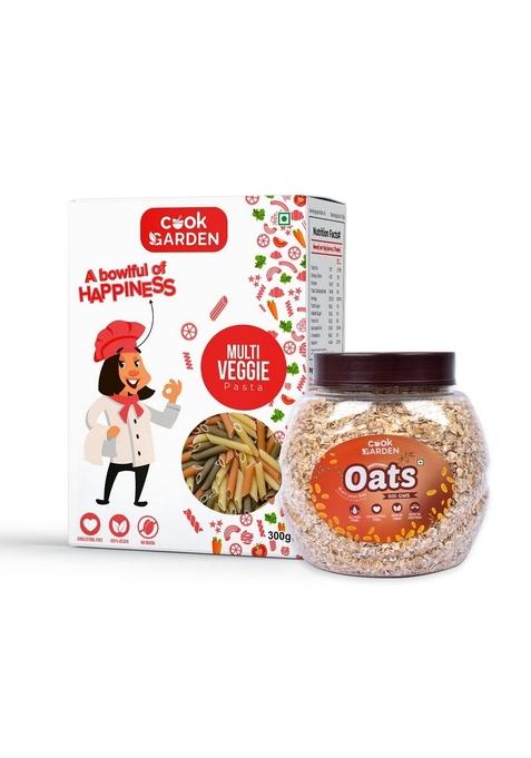 Cookgarden Instant Oats 500G & Multi Veggie Pasta 300G | Wholegrain Breakfast | High Protein And Fibre Combo | Box