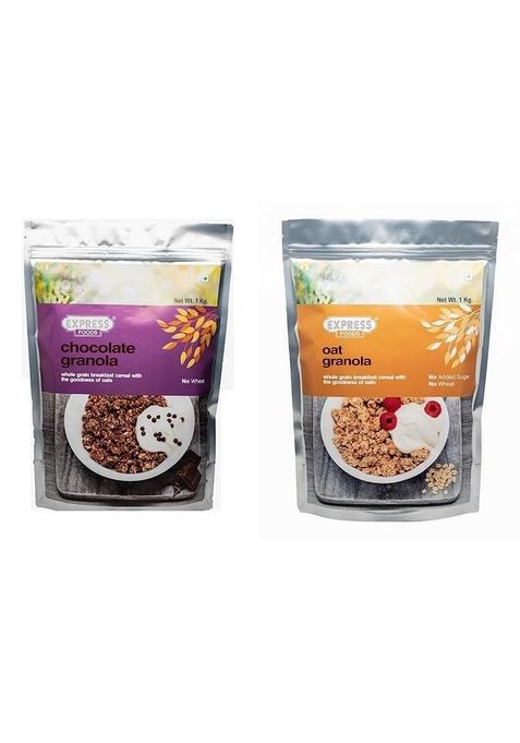 Express Foods Chocolate Granola Breakfast Cereal, 1Kg & Oat Granola Breakfast Cereal, 1Kg Combo
