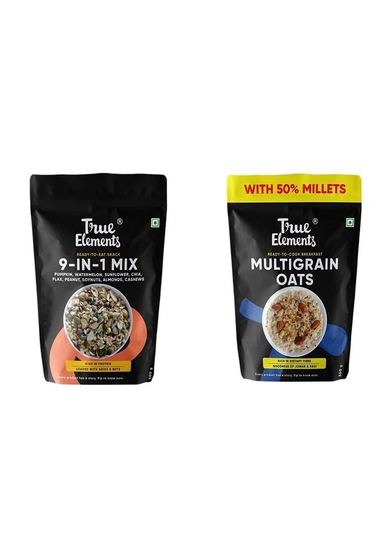 True Elements 9 In 1 Snack Mix 250G Multigrain Oats 500G Goodness Of Rolled 50 Millets Jowar Quinoa Ragi Flakes - Indya
