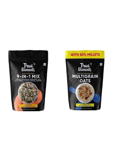True Elements 9 In 1 Snack Mix 250G & True Elements Multigrain Oats 500G - Goodness Of Rolled Oats & 50% Millets (Jowar, Quinoa & Ragi Flakes)