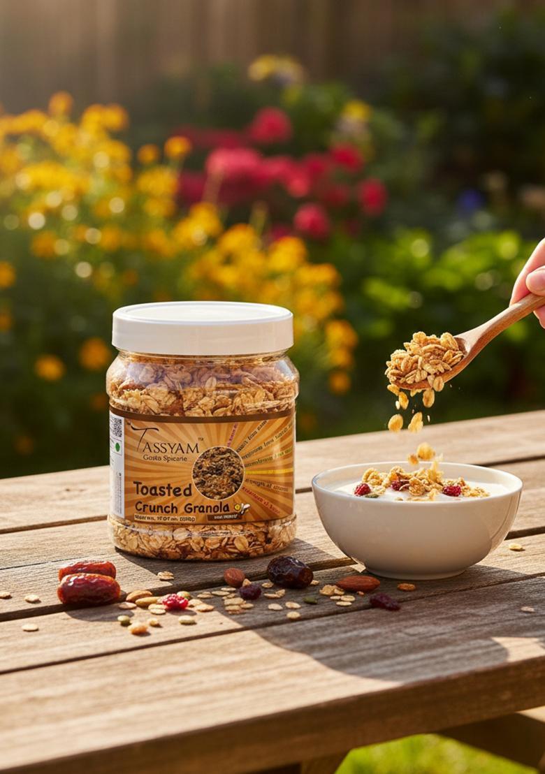Tassyam Toasted Crunch Granola With Honey 500G | Oil-Free | Rolled Oats, Dehydrated & Dried Fruits