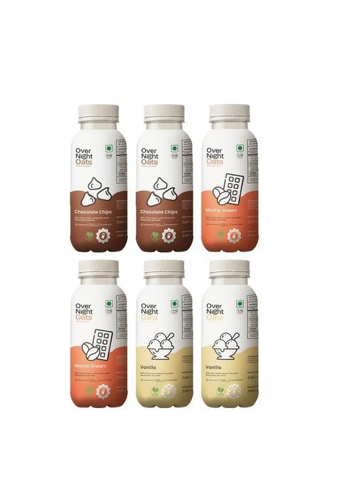 Overnight Oats With Vegan Protein | High Protein Oats Breakfast With Dietary Fibre | Just Add Milk | Ready In Minutes | No Preservatives | 2 Chocolate Chips + 2 Mocha + 2 Vanilla (Pack Of 6, 50G)