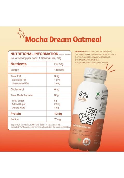 Overnight Oats With Vegan Protein | High Protein Oats Breakfast With Dietary Fibre | Just Add Milk | Ready In Minutes | No Preservatives | 2 Chocolate Chips + 2 Mocha + 2 Vanilla (Pack Of 6, 50G)