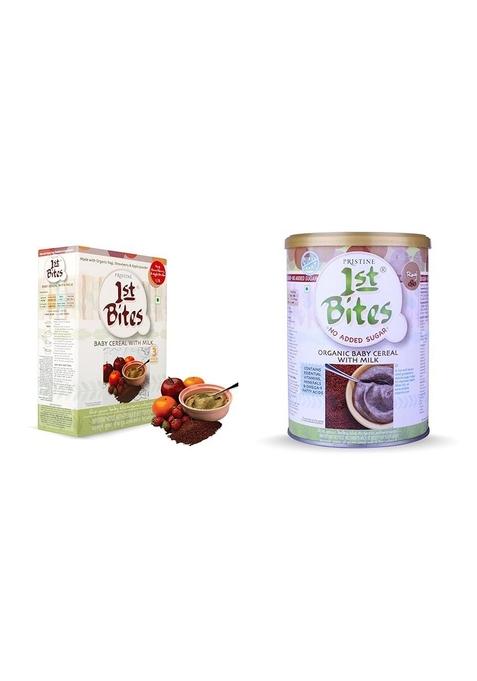 Pristine 1St Bites Baby Cereal 300G (10-24 Months) Stage-3, 100% Organic Ragi, Strawberry & Apple Powder | Infant Food & 1St Bites Organic Baby Cereal With Milk, Ragi, 6 Months To 24 Months, 400G