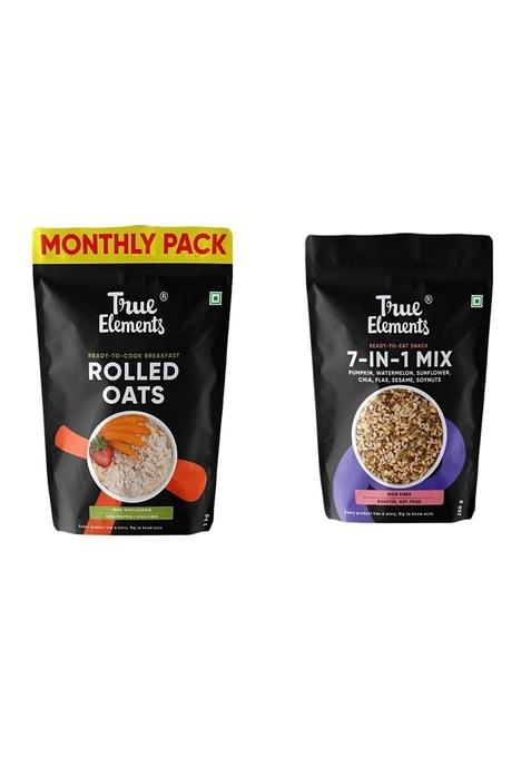 True Elements Rolled Oats Naturally Gluten Free 1 Kg - Breakfast Cereal & True Elements 7 In 1 Super Seeds Mix 250G - Mix Seeds | Diet Snacks | Roasted Seeds For Eating