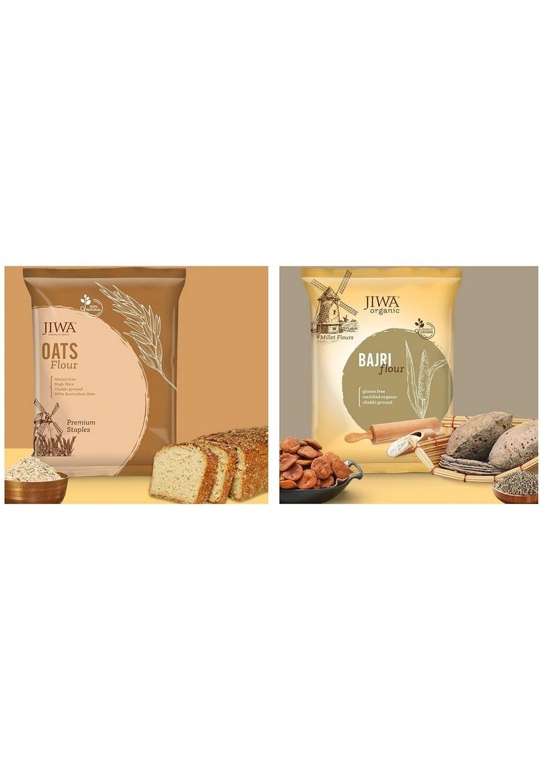 Jiwa Healthy By Nature Oats Flour, 900 G (Gluten Free) & Jiwa Healthy By Nature, Organic Bajri Flour, 1 Kg