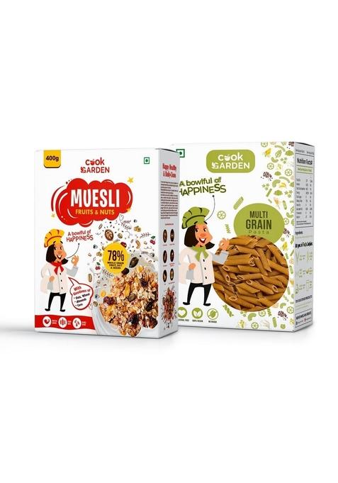 Cookgarden Fruits & Nuts Muesli 400G & Multigrain Pasta 300G | Healthy Protein Food & Breakfast Cereal
